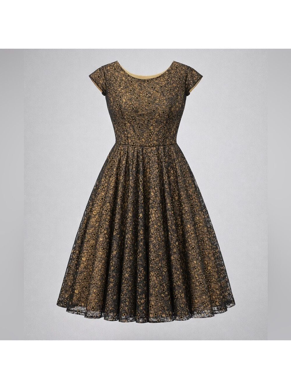 Vintage 50s 60s Black Gold Lace Fit & Flare Opera Length Dress Cap Sleeve